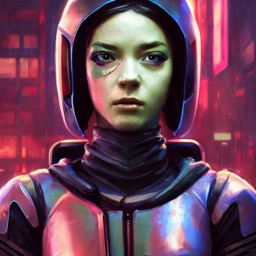 Image similar to movie still of stylized ninja - cyberpunk girl, wearing techwear and armor, complementary colors, beautiful realistic face, highly detailed, digital painting, artstation, concept art, smooth, sharp focus, illustration, art by artgerm, by greg rutkowski, by jeremy mann, by francoise nielly, oil painting