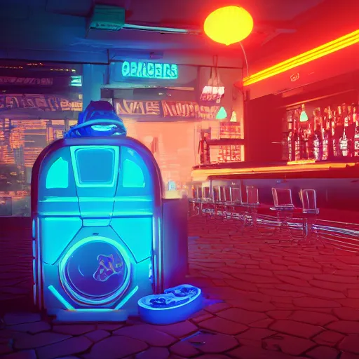 Prompt: in a futuristic cyberpunk city, an orange cat wearing a backpack sleeps on stool at a bar, cgisociety, unreal engine, render, hazy, neon glows, atmospheric,