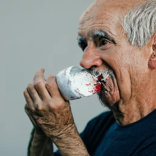 Prompt: photo of an old man eating paint