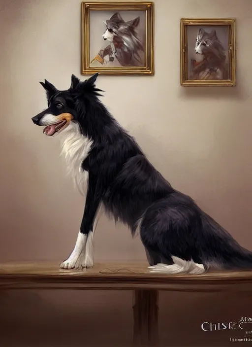 Image similar to wide angle beautiful full body portrait of a strong male anthropomorphic anthro border collie fursona sitting in a parlor room, character design by charlie bowater, henry asencio, and ross tran, disney, scenic background, detailed, aesthetic, trending on artstation, furaffinity, deviantart