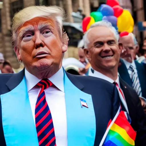 Image similar to photograph of donald trump wearing a trans flag suit at a pride parade