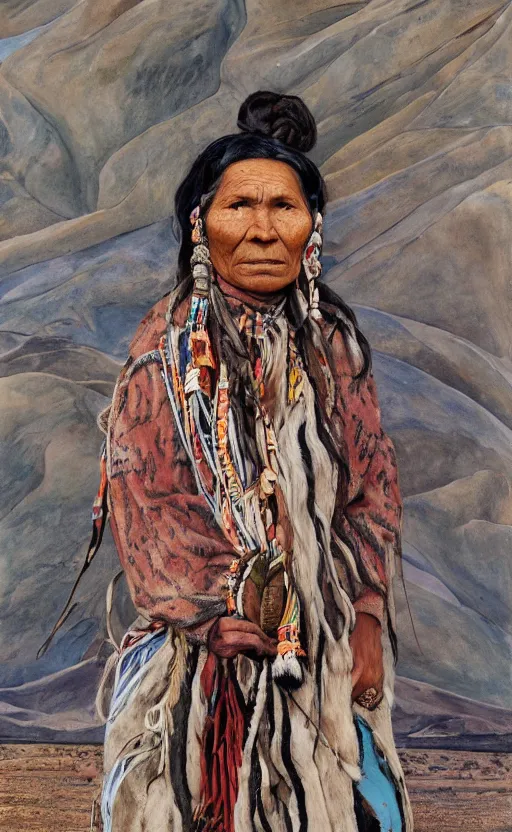 Prompt: full body shot picture of indigenous people woman leader in desert, painted by lucian freud, hd, super detailed, realistic, muted colors