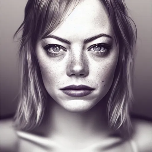 Prompt: headshot portrait photo of a beautiful emma stone, smooth skin, by lee jeffries