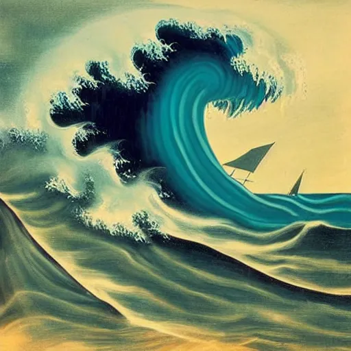 Image similar to giant ocean wave in a thunder storm with a ship fighting through the waves