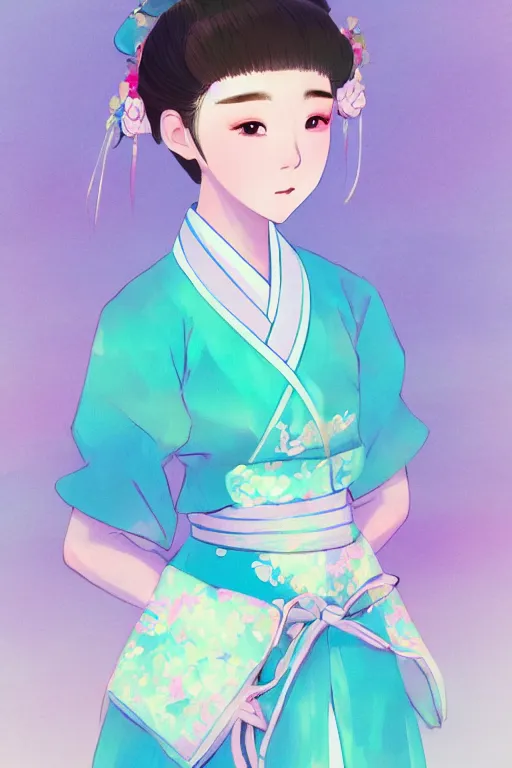 Image similar to pretty korean woman wearing beatiful hanbok, bright pastel colors, trending on artstation, studio ghibli painterly style