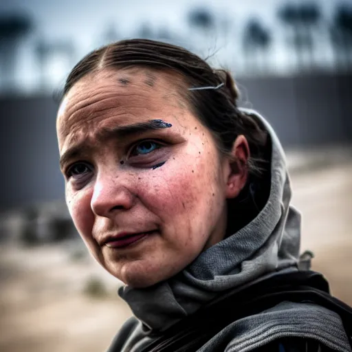 Image similar to photographic portrait of a poor techwear woman holding back tears, a futuristic shanty town burns in the background, closeup, sigma 85mm f/1.4, 4k, depth of field, high resolution, 4k, 8k, hd, full color