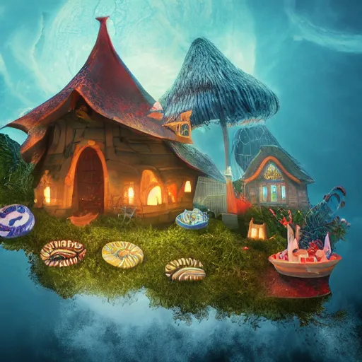 Prompt: a witches house made out of candy floating on the ocean, epic scene, fantasy, cinematic, redshift render, cgi, hyper - detailed, photo - bash, 8 k post - production, masterpiece