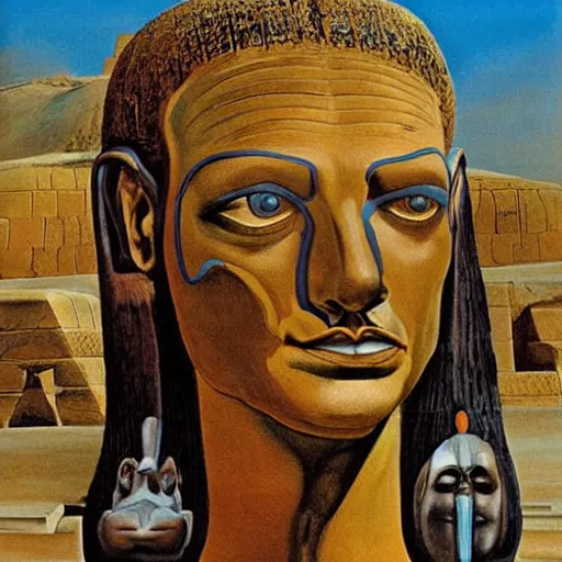 Image similar to john cleese as the sphinx, the sphinx with the head of john cleese, young john cleese's head on the sphinx, painting by salvador dali