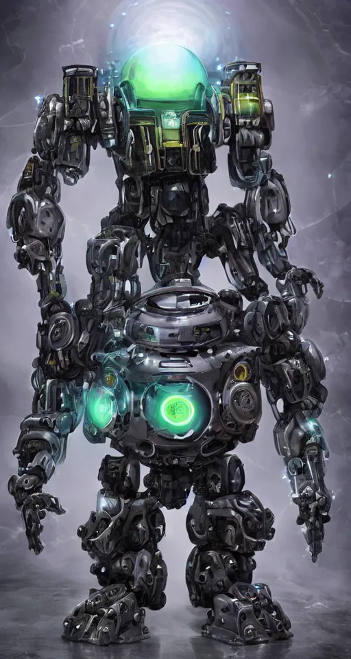 Image similar to a _ full _ body _ shot _ of _ an _ imposing _ cyborg mecha gorrila modeled _ after _ a _ futuristic solar punk technology mecha suit _ with _ glowing _ eyes _ with _ glowing _ eyes _ looking _ into _ the _ camera _ android _ cyborgglowin.