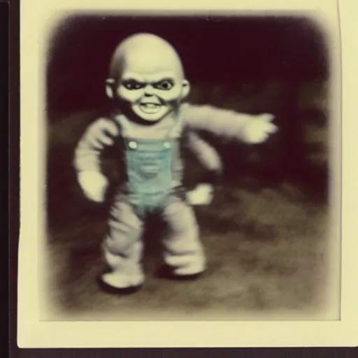 Image similar to old polaroid photo of first contact with the screaming chucky doll