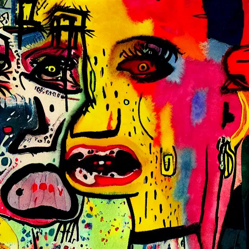 Image similar to watercolor painting of a closeup of two bizarre psychedelic scary women kissing in japan in winter, speculative evolution, mixed media collage by basquiat and jackson pollock, maximalist magazine collage art, sapphic art, psychedelic illustration