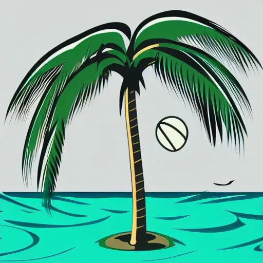 Image similar to waves in bottom front of a palm tree with a giant volleyball with seams in the background, vector logo, professional sports style, flat colour, svg, professional, sharp edges, olive green gray and white color palette