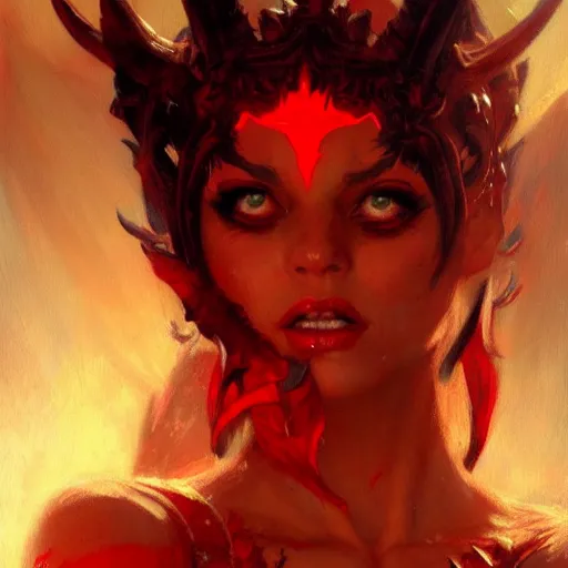 Prompt: attractive demon queen with red eyes painting by gaston bussiere, luis rollo, craig mullins, close - up portrait, digital painting, highly detailed, artstation, sharp focus, illustration, concept art, full hd