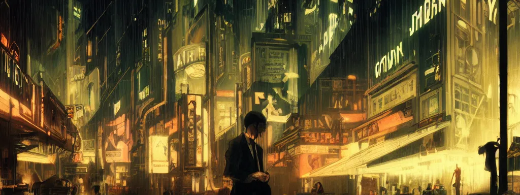 Image similar to concept art, crowded retro - futurist speakeasy, reflections, dark moody lighting, bladerunner, james jean, syd mead, akihiko yoshida, cinematic