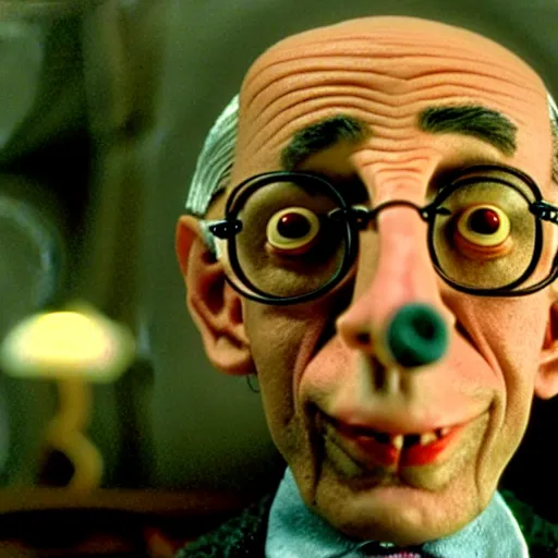 Prompt: claymation anthony fauci by klaus schwab, hyperrealistic, very detailed, tim burton, 3 5 mm film still, gothic, horror, eldritch