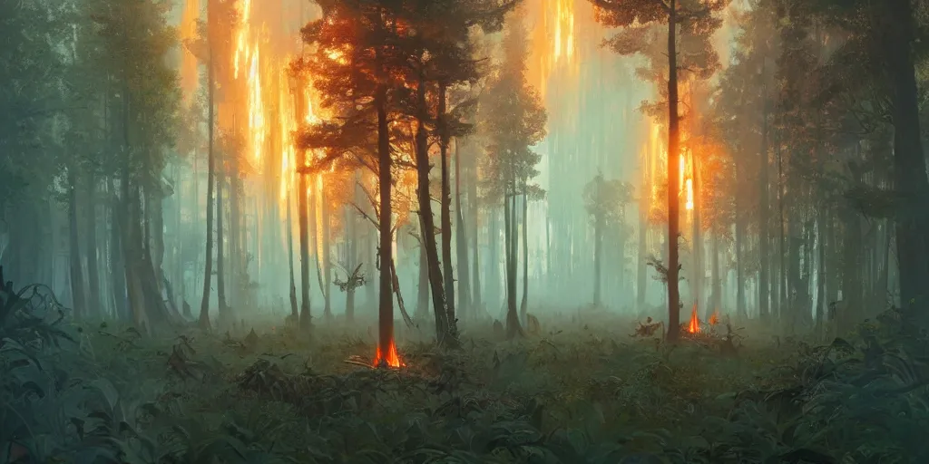 Prompt: A flaming forest of trees,fire , artstation, concept art,by greg rutkowski and alphonse mucha, James Gilleard and Bruce Pennington, Sung Choi, Mitchell Mohrhauser, Maciej Kuciara, Johnson Ting