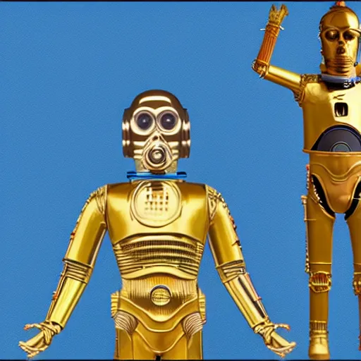 Image similar to full body portrait of Simpson as C3PO in star wars, background blue sky puffy clouds cinematic 4k