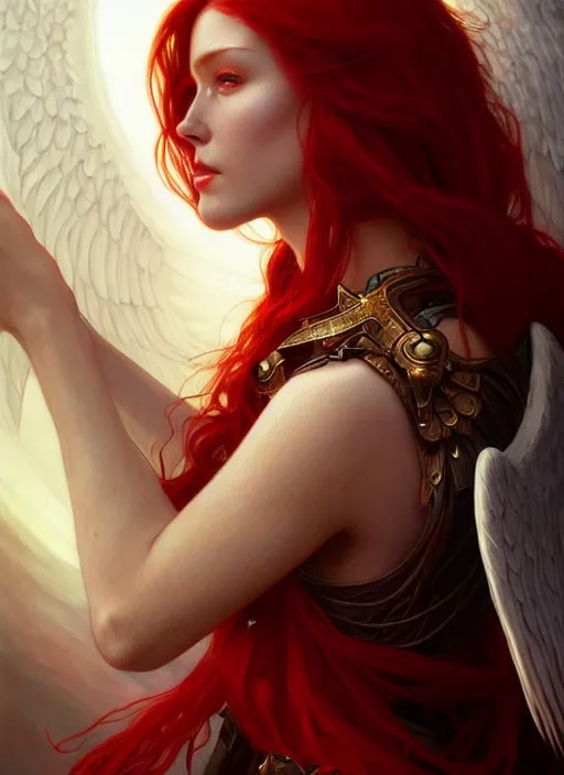 Image similar to a beautiful red haired woman as the angel of death, deep focus, d & d, fantasy, intricate, elegant, highly detailed, digital painting, artstation, concept art, matte, sharp focus, illustration, hearthstone, art by artgerm and greg rutkowski and alphonse mucha