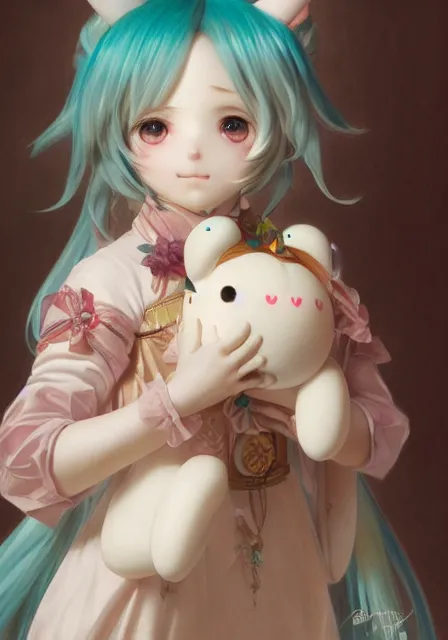 Image similar to hatsune miku holding cinnamoroll, pigtails, intricate, elegant, highly detailed, digital painting, artstation, concept art, smooth, sharp focus, illustration, art by artgerm and greg rutkowski and alphonse mucha and william - adolphe bouguereau