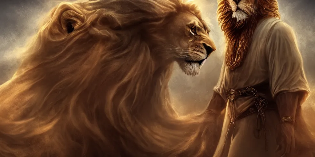 Image similar to a hooded wise old man with a long white beard wearing a brown hooded tunic riding on top of a lion, the man is on the lion, he is riding a lion, majestic, epic digital art, cinematic, trending on artstation, superb detail 8 k, wide - angle, masterpiece