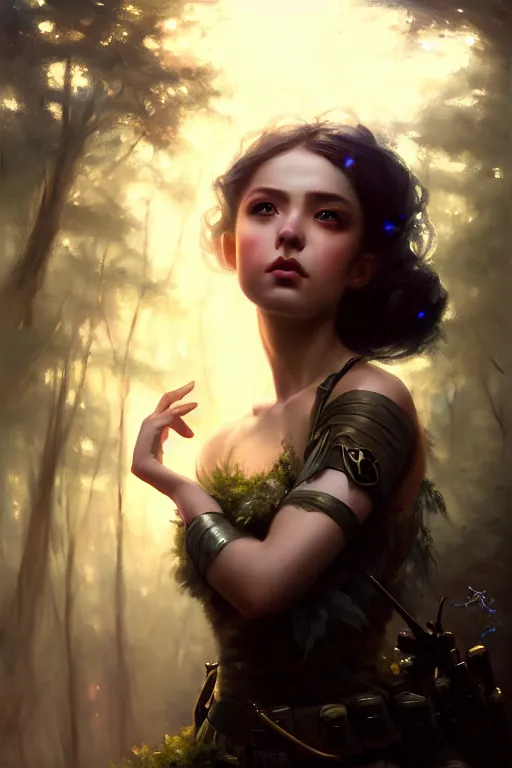 Image similar to cinematic shot of an epic portrait of a fairy dressed in military clothes, shiny skin, beautiful eyes, beautiful, small details, night setting, realistic poster with volumetric light from craig mallism, artgerm, jeremy lipkin and michael garmash, unreal engine, radiant light, detailed and complex environment, digital art, trends at art station, a masterpiece