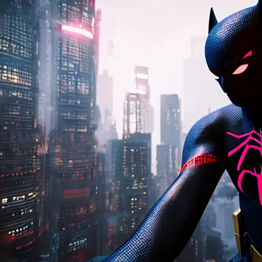 Image similar to a portrait of a spiderbatman , cyberpunk, highly detailed, unreal engine 5, 4K UHD image