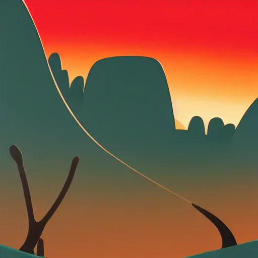 Image similar to sunset in the desert, animated film, stylised, illustration, by eyvind earle, scott wills, genndy tartakovski