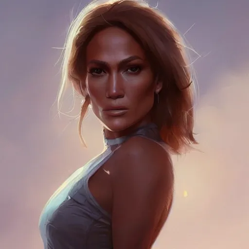 Image similar to “ portrait of jennifer lopez by greg rutkowski, young, attractive, highly detailed portrait, scifi, digital painting, artstation, concept art, smooth, sharp foccus ilustration, artstation hq ”