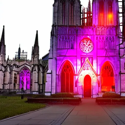 Prompt: A beautiful gothic cathedral with a pink Odoo neon sign spelling the word ODOO in rounded lowercase letters, dramatic lighting, photorealistic
