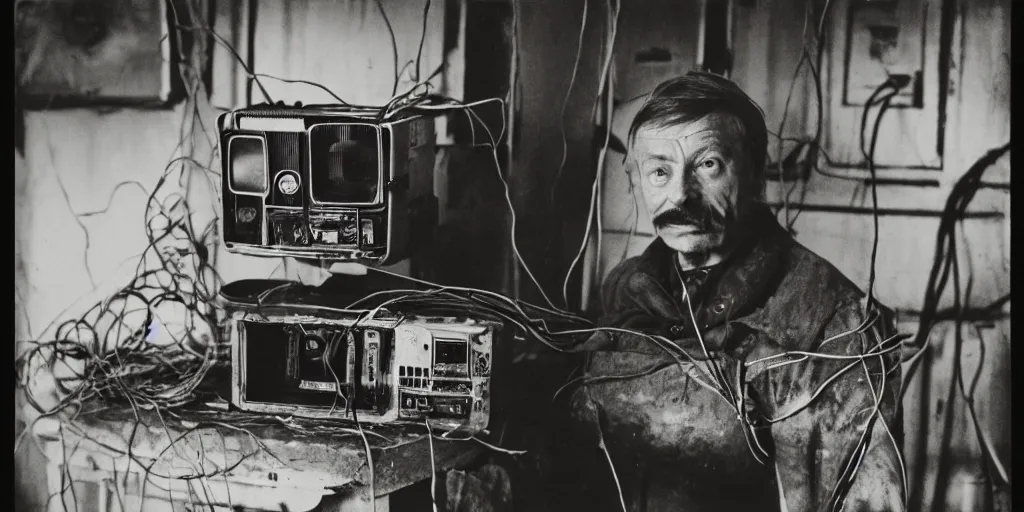 Image similar to detailed medium format photo, polaroid still from tarkovsky movie, a human trash panda character, holding a box of cables and standing next to old electronic equiptment, haze, high production value, intricate details, 8 k resolution, hyperrealistic, hdr, photorealistic, high definition, technicolor, award - winning photography, masterpiece, black and white