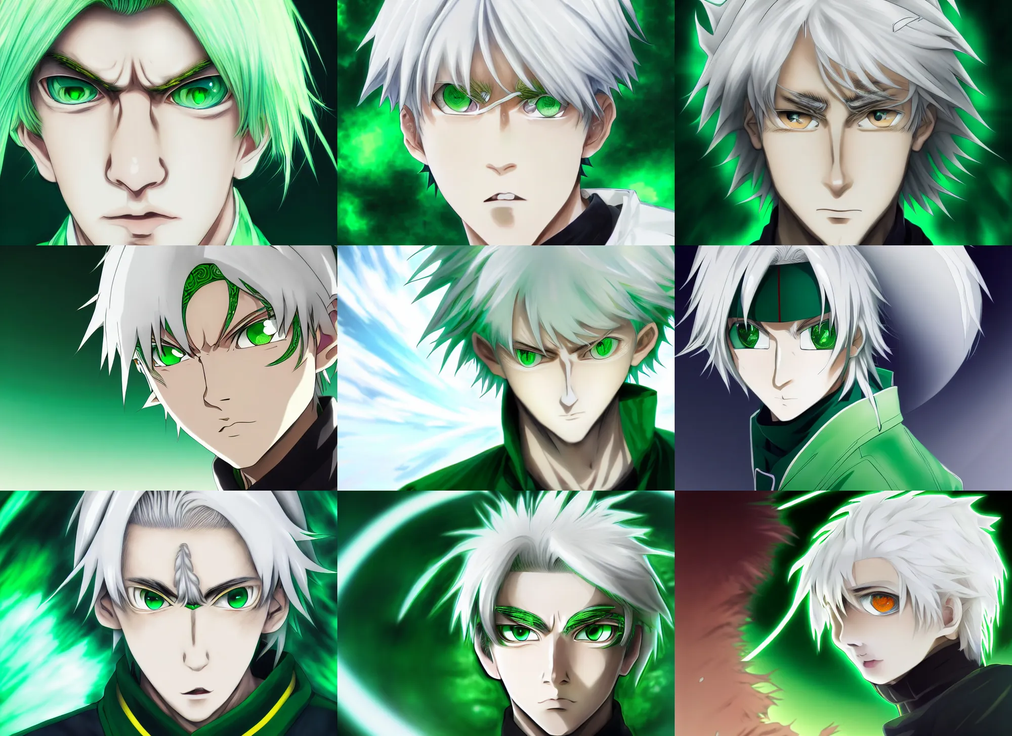 Prompt: white - haired young guy with green eyes, anime portrait, genshin impact, kenzo tenma, high quality, octane engine, very close shot, fisheye