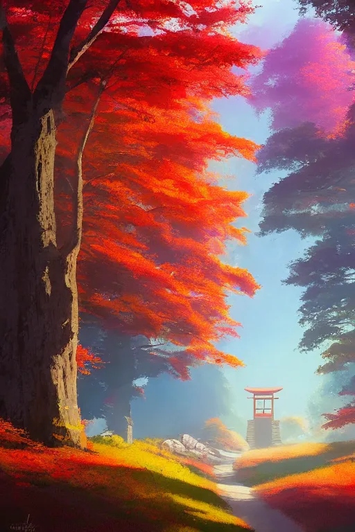 Image similar to Japanese Torii in a colorful moutain with COLORFUL trees ,morning , by studio ghibli painting, superior quality, masterpiece, by Grzegorz Rutkowski, concept art