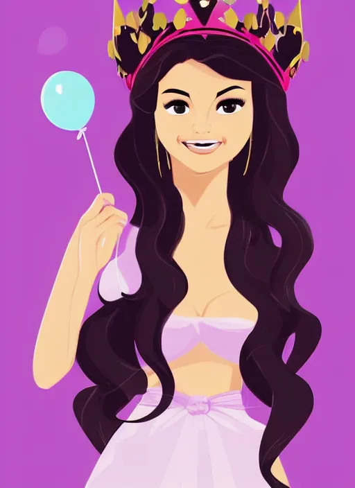 Image similar to woman resembling selena gomez dressed as a disney princess with a crown. balloons. clean cel shaded vector art. shutterstock. behance hd by lois van baarle, artgerm, helen huang, by makoto shinkai and ilya kuvshinov, rossdraws, illustration,