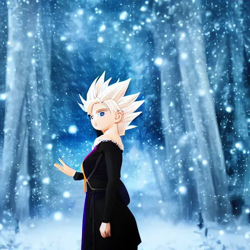 Prompt: portrait focus of super saiyan beautiful 3 d anime girl posing, frozen ice dark forest background, snowing, bokeh, inspired by masami kurumada