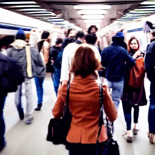 Prompt: A group of friends talking while standing in the crowded New York metro, cinematic, 4k, thriller