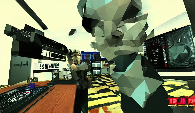 Prompt: ltj bukem npc in perfect dark giving you dj training, 9 0 s first person shooter, low poly, gameplay screenshot