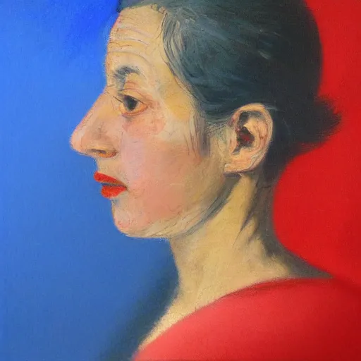Prompt: profile portrait in peruvian realist style ( 1 9 5 4 ), ultramarine blue, venetian red, titanium white, rembrandt lighting, detailed, expressive, shadows