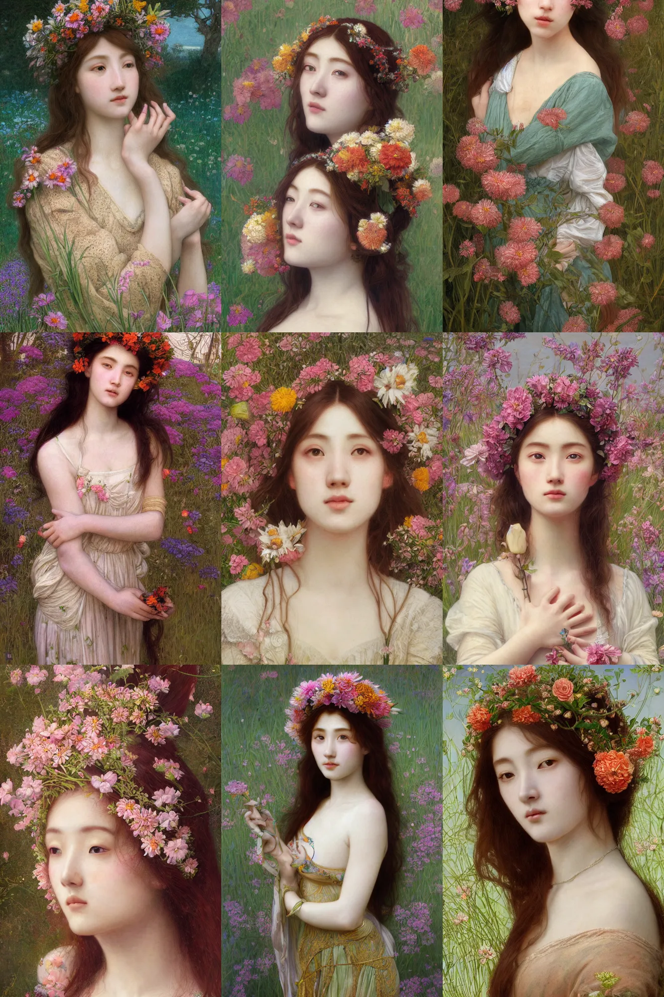 Image similar to Pre-raphaelite painting of a beautiful asian girl with freckles, wearing a flower headpiece, surrounded by big flowers, porcelain skin, cinematic lighting, photo realistic, highly detailed, maya, digital painting, artstation, concept art, sharp focus, illustration, by Mucha