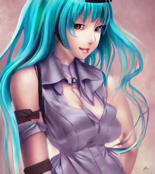 Prompt: Anime art very beautiful Hatsune miku by artgerm, rossdraws, magali villeneuve, Gil Elvgren, Alberto Vargas, Art Frahm, Earl Moran, Enoch Bolles, Lois van baarle, symmetrical shoulders