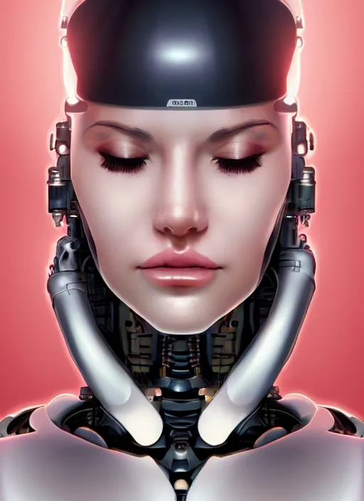 Image similar to portrait of a cyborg woman who turns her head to the ((((((right))))) left+80 (((((up))))) (((((down))))) by Artgerm,eyes closed , biomechanical, hyper detailled, trending on artstation