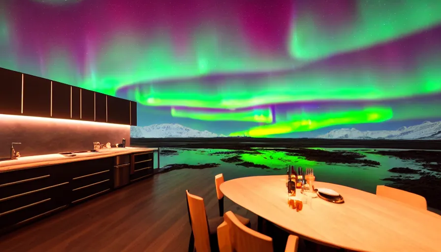 Image similar to a photo of aurora borealis localized entirely within gordon ramsay's kitchen, while gordon is preparing steamed clams, color photography, high quality, volumetric light, beautiful, 4 k