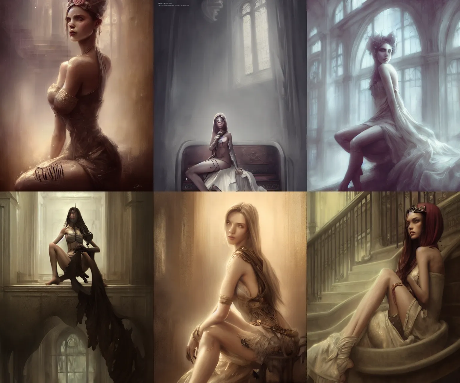 Prompt: bastien lecouffe deharme portrait digital painting of a beautiful girl wearing high fashion clothing, sitting on a grand staircase, unreal engine, hyper realism, realistic shading, cinematic composition, blender render, octane render, hdr, detailed textures, photorealistic, ultrawide shot, 3 5 mm film