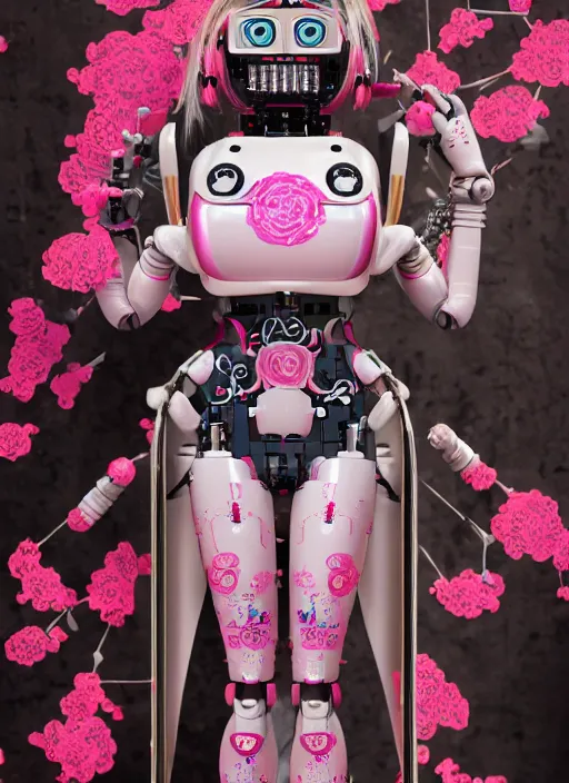 Image similar to full body photo of a belle delphine robot with kanji tattoos and decals wearing a digital pixelated kimono, intricate design, photo - realistic, octane render, ultra fine detailed, character design, trending on artstation