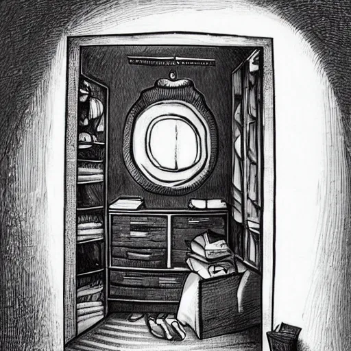 Prompt: an open wardrobe revealing the entrance to a fantastic world, storybook illustration, monochromatic