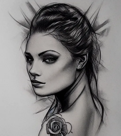 Image similar to tattoo design sketch of a beautiful woman face with a faded background of beautiful mountains and nature on her side, hyper - realistic, in the style of den yakovlev, amazing detail, black and white