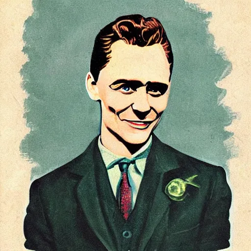 Image similar to “Tom Hiddleston portrait, color vintage magazine illustration 1950”