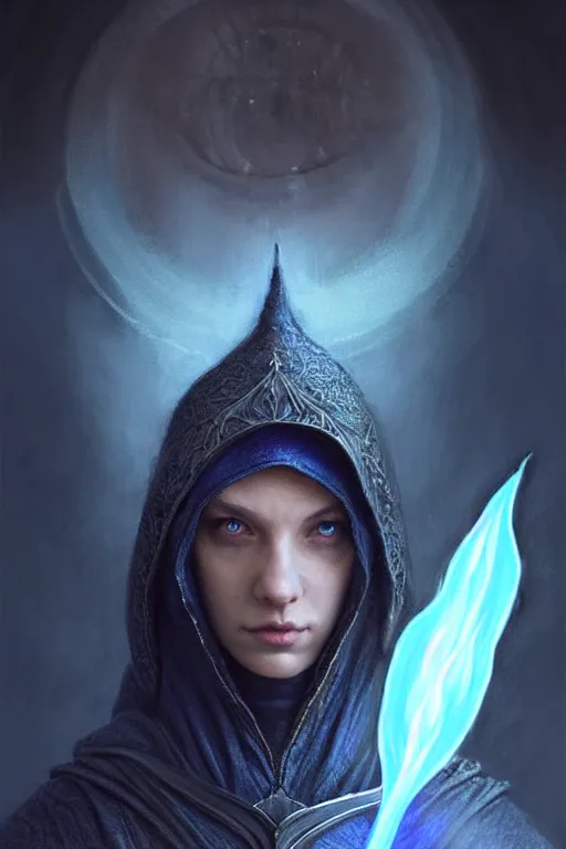 Prompt: Front portrait of a hooded mage hold a blue fire and detailed staff, full body, fine art, awesome fantasy book cover on Pinterest, award winning, dark fantasy landscape, fantasy magic, intricate, elegant, sharp focus, cinematic lighting, highly detailed, digital painting, concept art, art by WLOP and Artgerm and Greg Rutkowski, masterpiece, trending on artstation, 8K