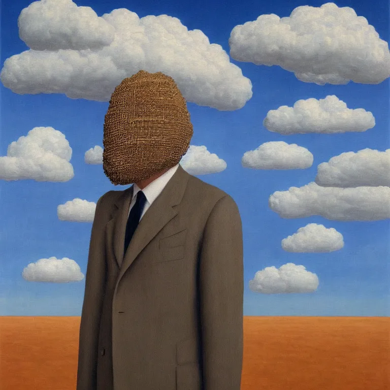 Image similar to portrait of a faceless burlap sack - head man in a suit, clouds in the background, by rene magritte, detailed painting, distance, centered, hd, hq, high resolution, high detail, 4 k, 8 k