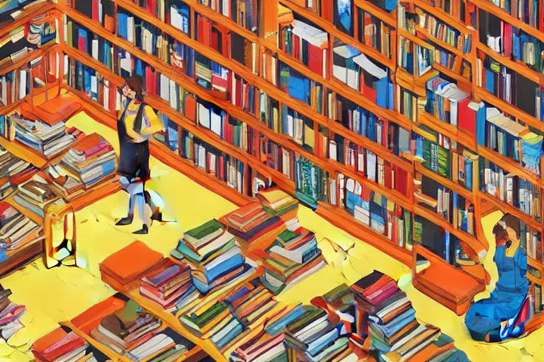 Image similar to woman wearing overalls in a bookstore warm colors painting moebius isometric