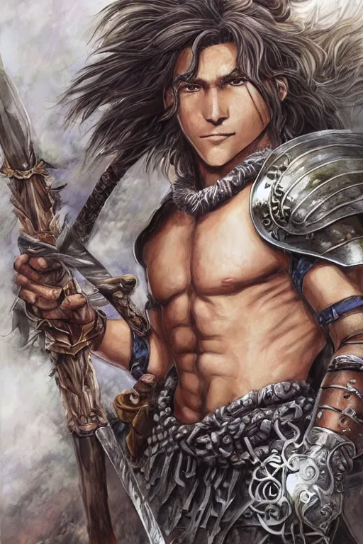 Image similar to A realistic anime portrait of a young handsome male barbarian with long wild hair, intricate fantasy spear, plated armor, D&D, dungeons and dragons, tabletop role playing game, rpg, jrpg, digital painting, by Ayami Kojima and Yusuke Murata and Kentaro Miura, concept art, highly detailed, promotional art, HD, digtial painting, trending on ArtStation, golden ratio, rule of thirds, SFW version